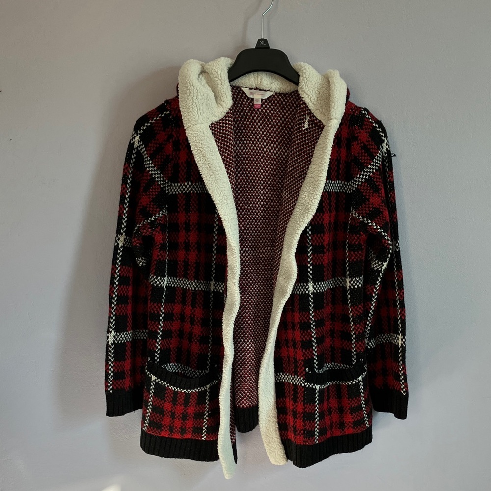 No boundaries red and black cardigan sweater with Sherpa hood Sz xxl